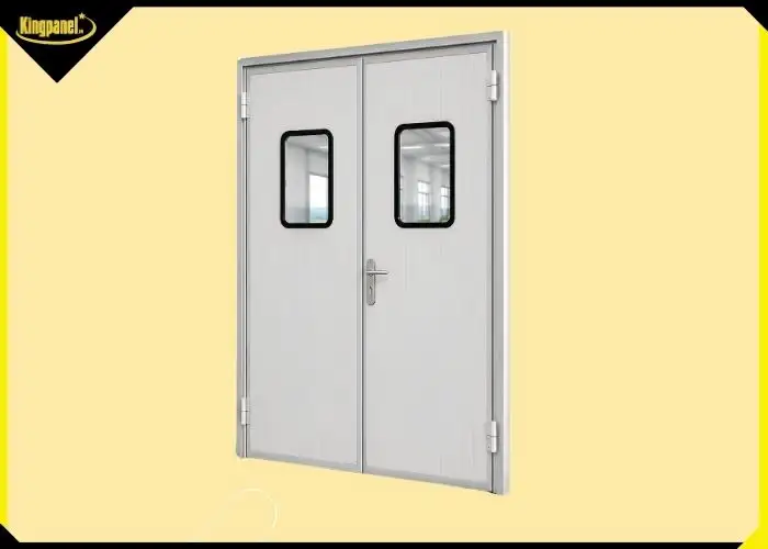 Cửa panel 2 cánh màu xám trắng có ô kính quan sát dành cho các công trình nhà xưởng, phòng sạch.