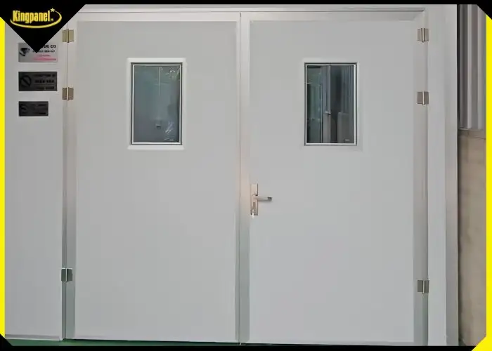 Cửa panel 2 cánh màu trắng có ô kính cho phòng sạch, nhà xưởng sản xuất.