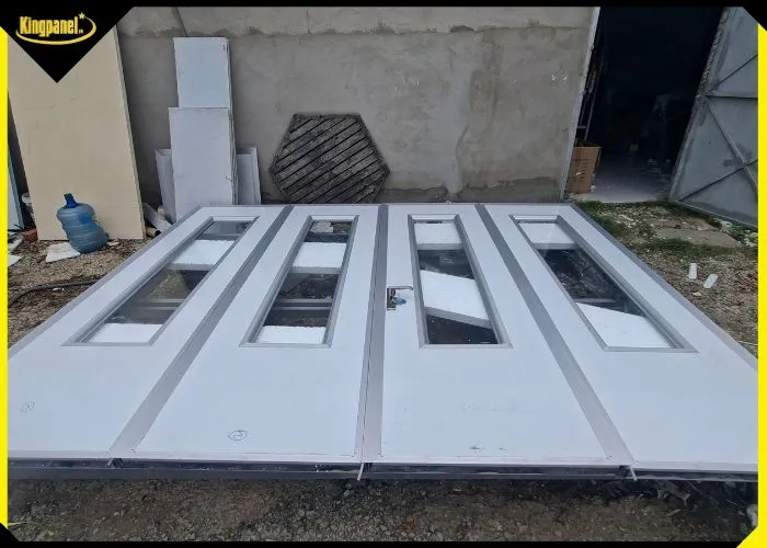 Các cánh thuộc hệ cửa panel 4 cánh có ô kính cách nhiệt đang được hoàn thiện phần khung bao kính trước khi lắp ráp phụ kiện khóa và bản lề.