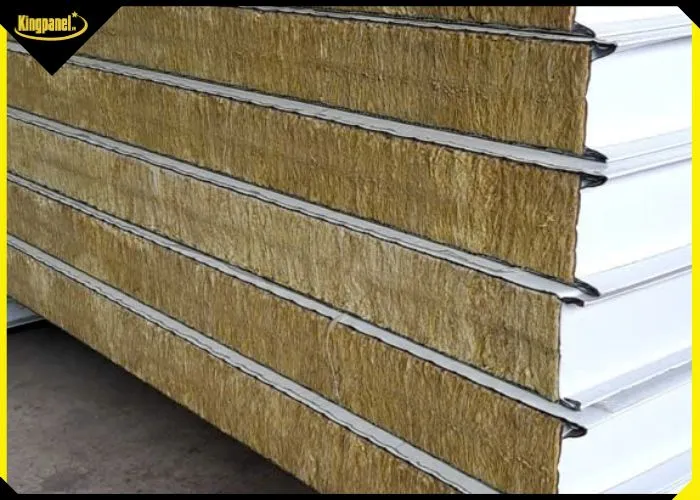 Cận cảnh cấu trúc ngàm nối và lõi bông khoáng tấm panel rockwool dày 100mm cách nhiệt tốt